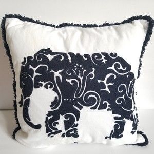 Crown & Ivy, 18x18" Bed Chair Accent Throw Pillow Fringe, Embroidered Elephant